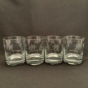 Double Old Fashion Clear Glass Glasses Etched Leaves Lot of 4